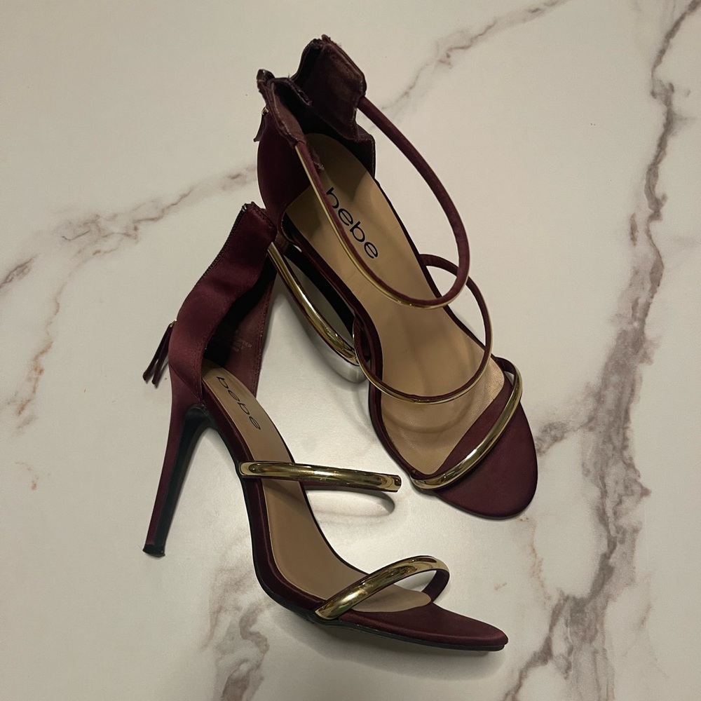 bebe Burgundy and Gold Strappy Heels